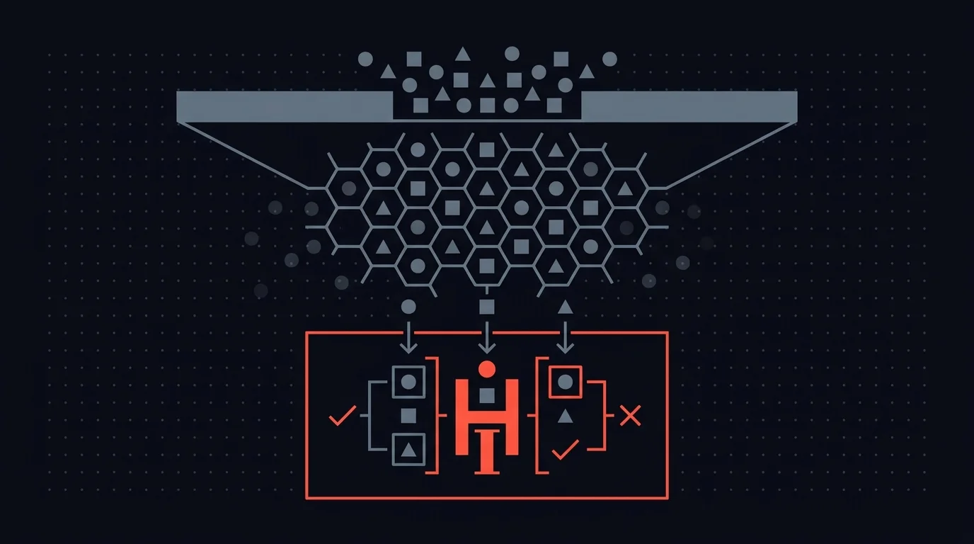 Outputs flow through a guardrails layer first, only the survivors reach the human review layer below