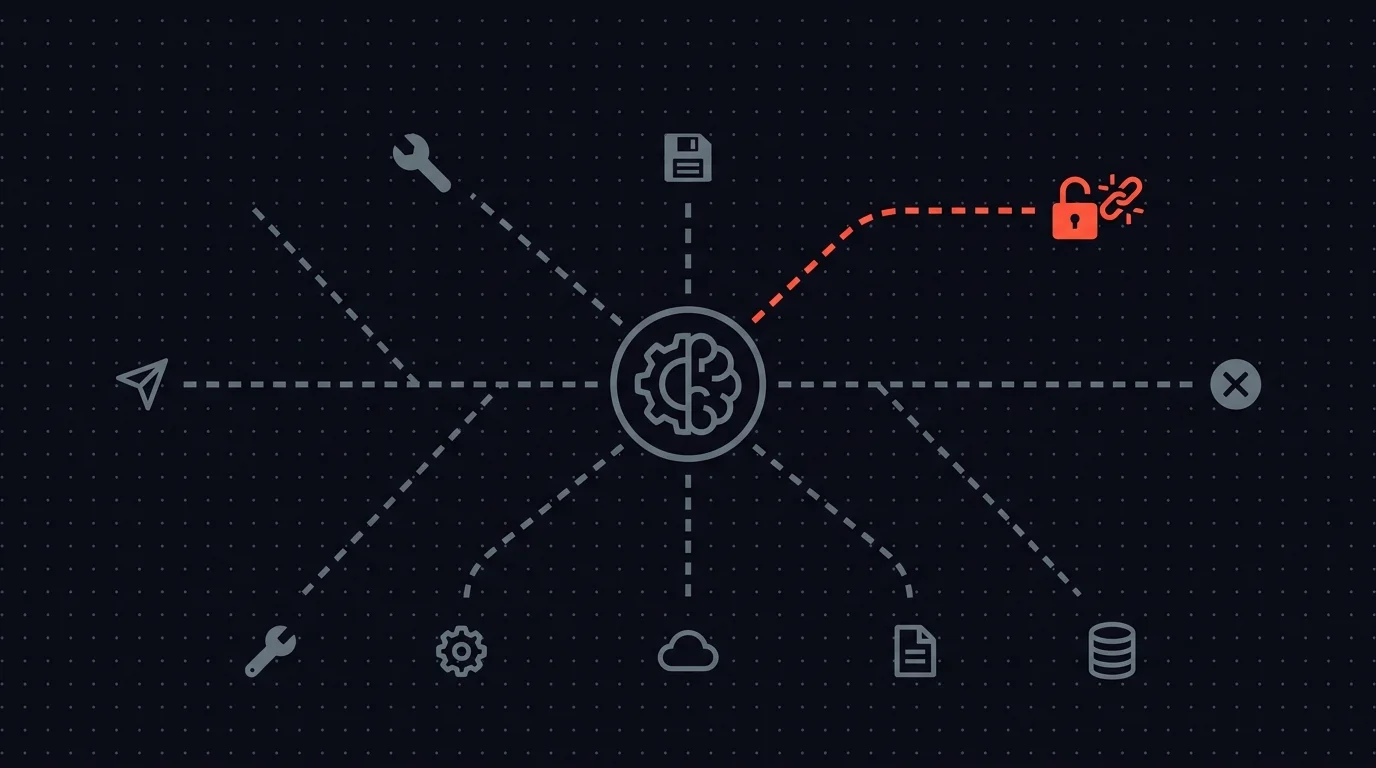 An AI agent at a branch point with multiple tool options, one branch coral-marked as the wrong choice that fired anyway